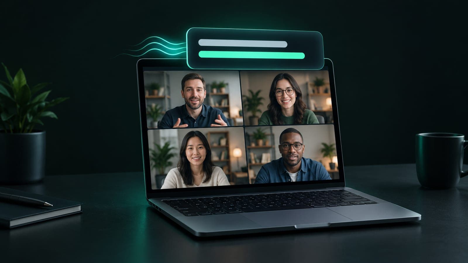 A laptop showing a video call with four participants, and a floating subtitle window above the screen with a live translated line