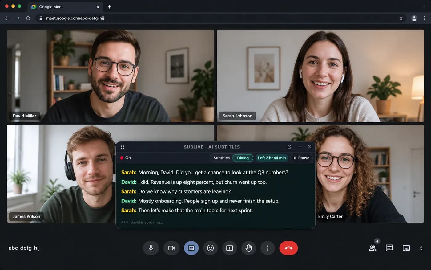 SubLive window with translated subtitles in dialog mode over a four-person Google Meet call in Chrome
