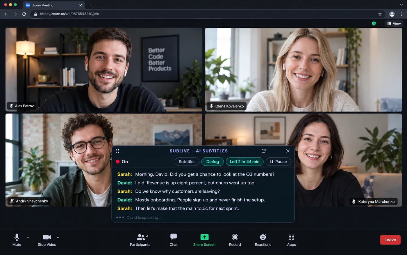 SubLive window with translated subtitles over a Zoom meeting opened in the browser