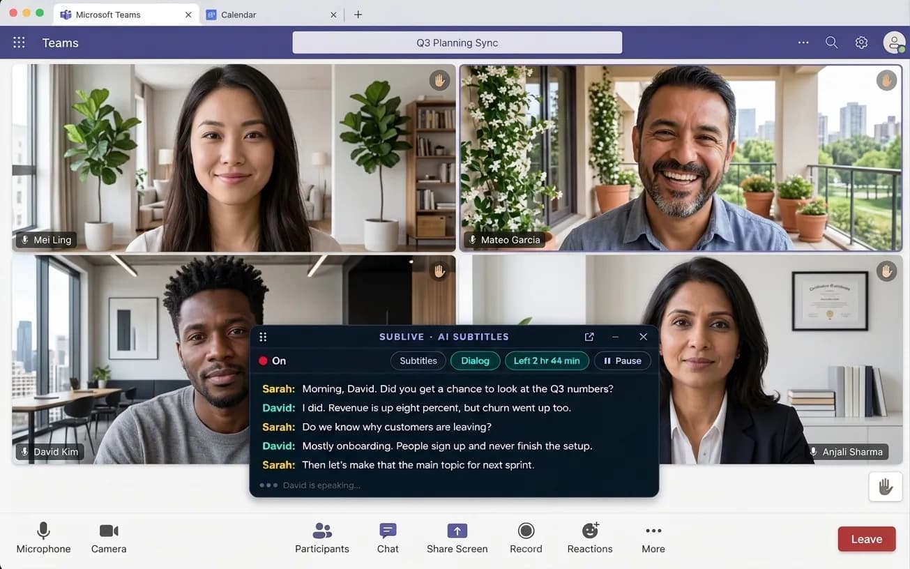 SubLive window with translated subtitles over a Microsoft Teams meeting in Chrome