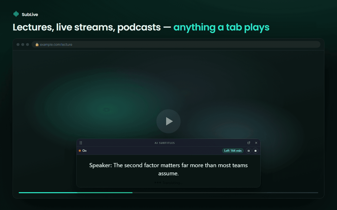 Une vidéo de cours en lecture avec une seule ligne de sous-titre défilante en dessous, dans la fenêtre flottante de SubLive.
